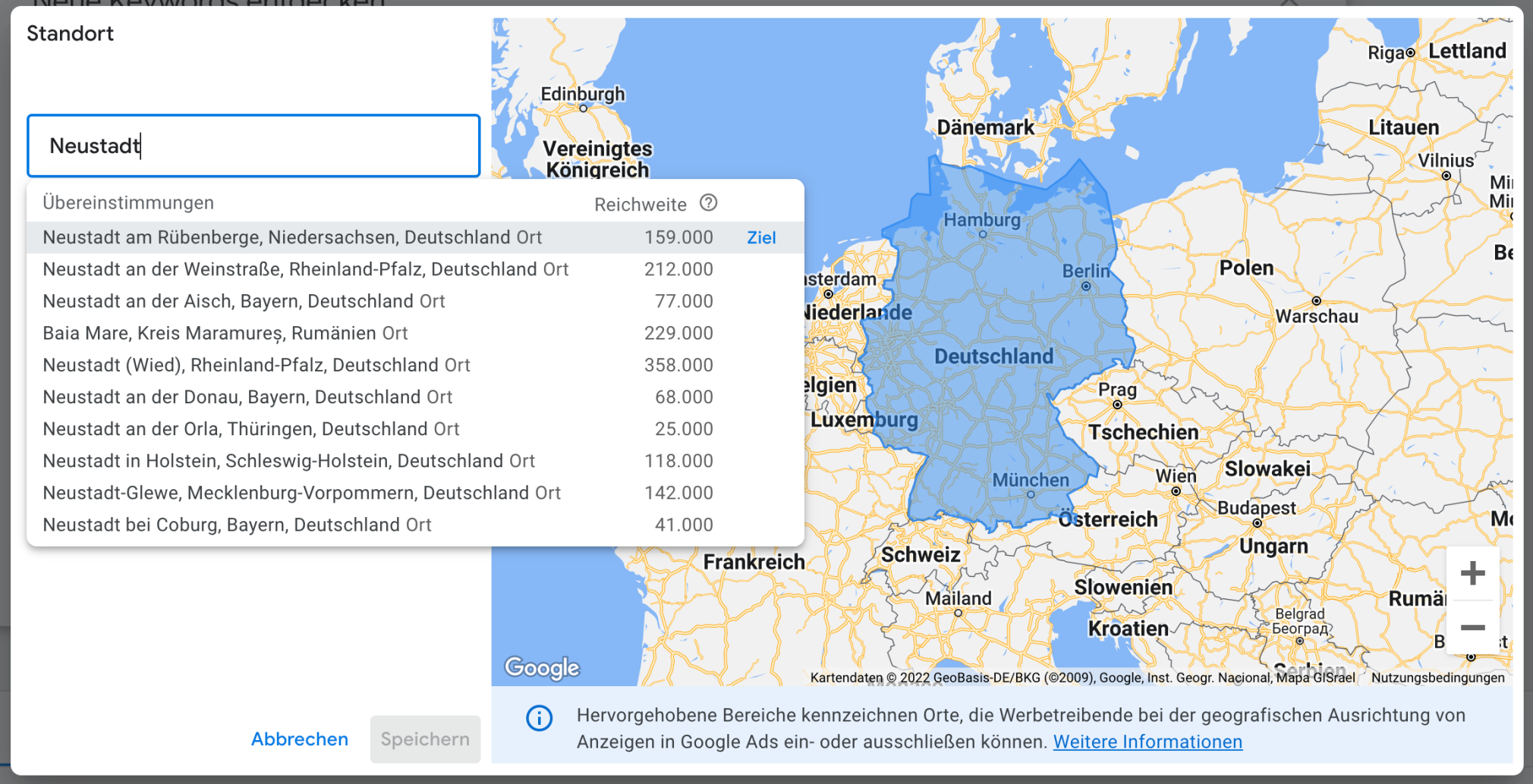 Google Keyword-Planer Standort festlegen