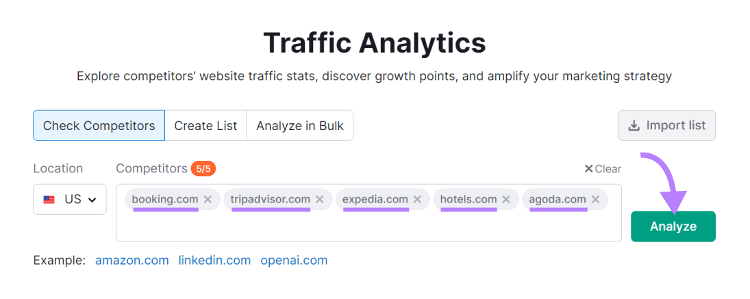 Entering "booking.com" and competitors' domains to Traffic Analytics tool