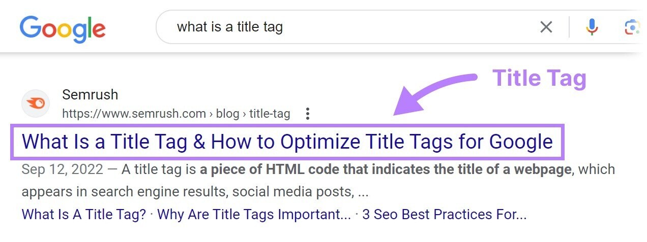 Google search for "what is a title tag" shows Semrush blog "What Is a Title Tag & How to Optimize Title Tags for Google"