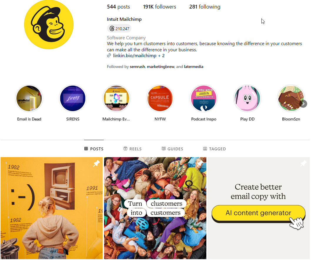 Mailchimp's Instagram profile