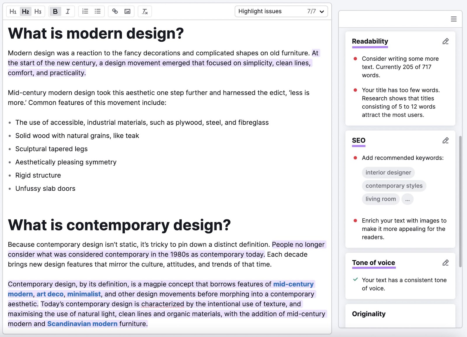 Article about modern design assessed for tone of voice, readability, and SEO within the SEO Writing Assistant tool