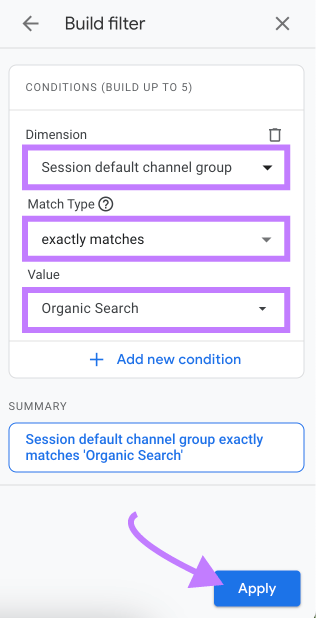 Applying the filter to isolate organic search traffic data