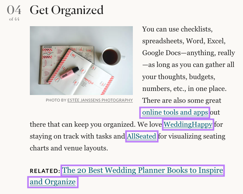 Examples of links to related articles from Brides's page on planning a wedding