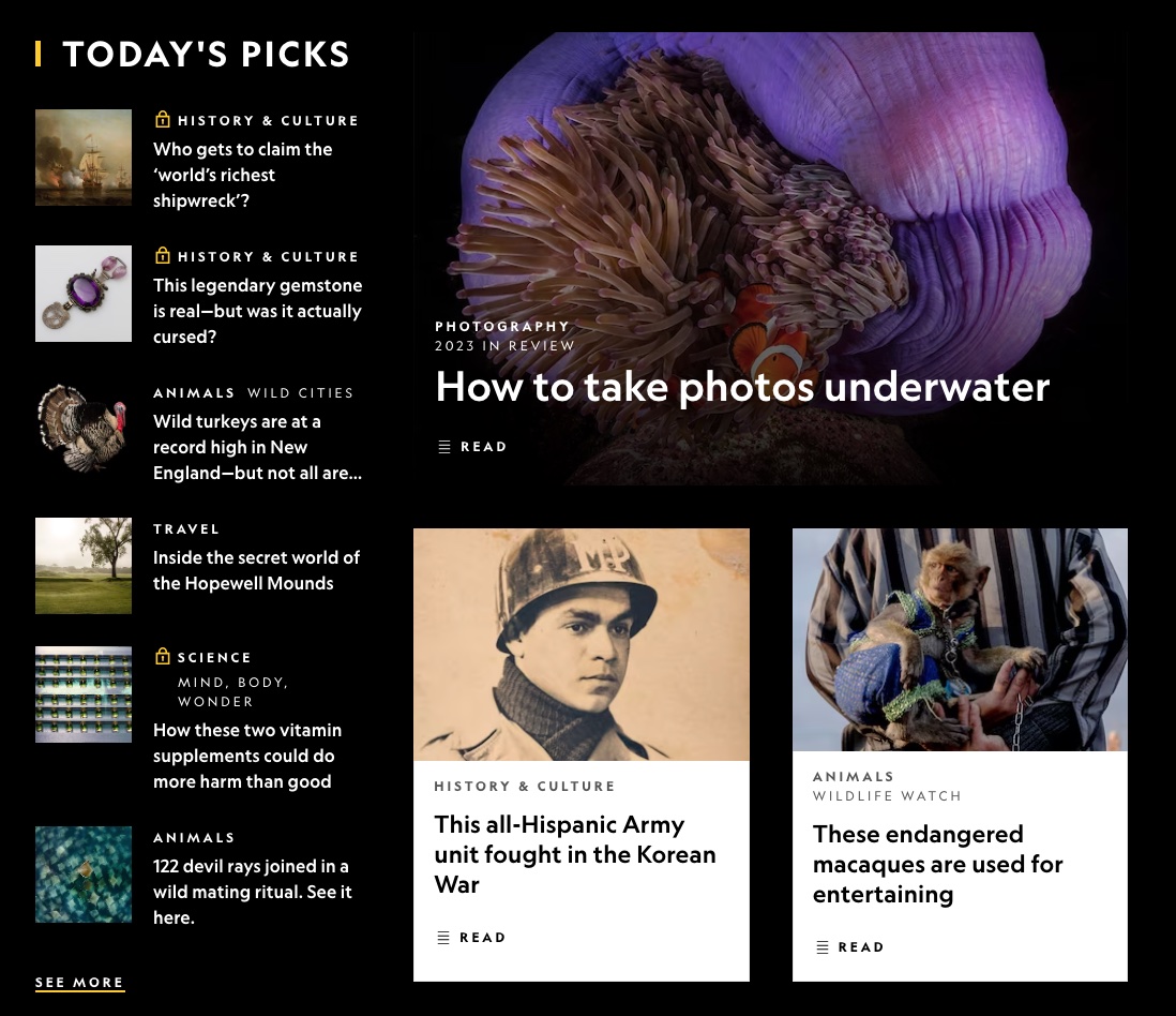 National Geographic's today's picks section