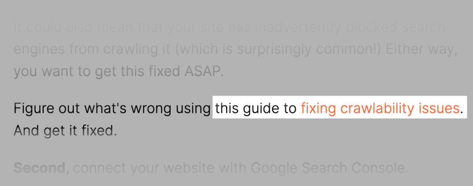 An internal link with anchor text "fixing crawlability issues"