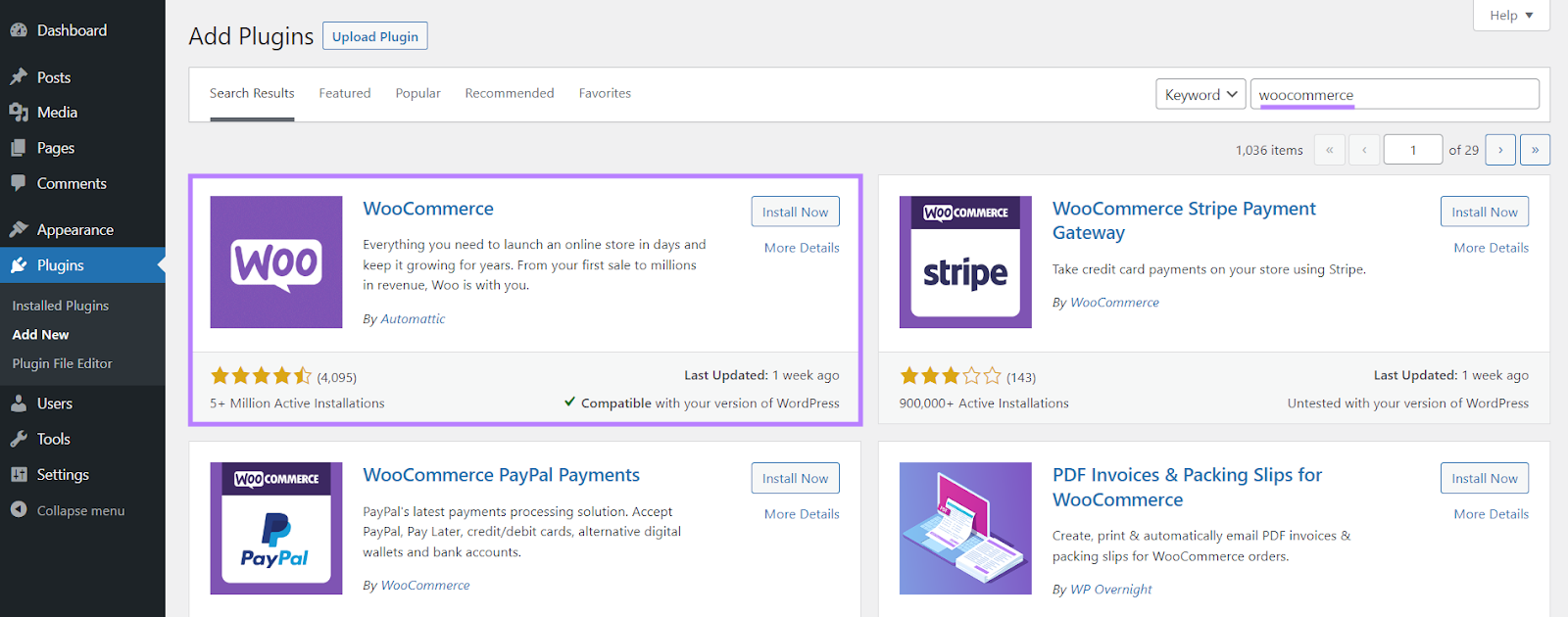 "Add Plugins" page in WordPress with WooCommerce plugin highlighted