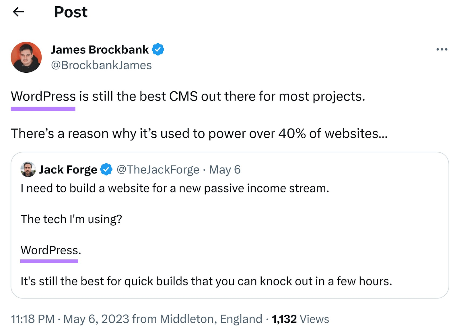 an example of a X post from James Brockbank mentioning WordPress