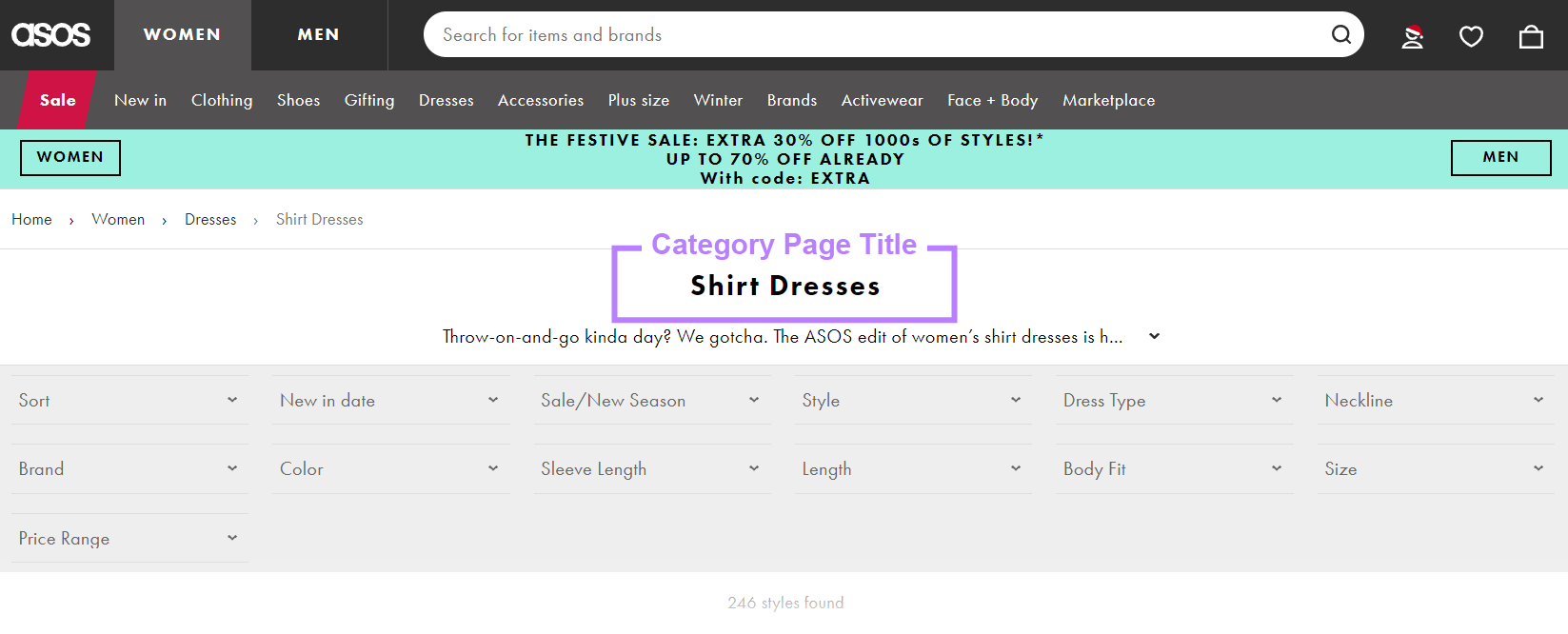 Webpage with the class  leafage   title, "Shirt Dresses," highlighted