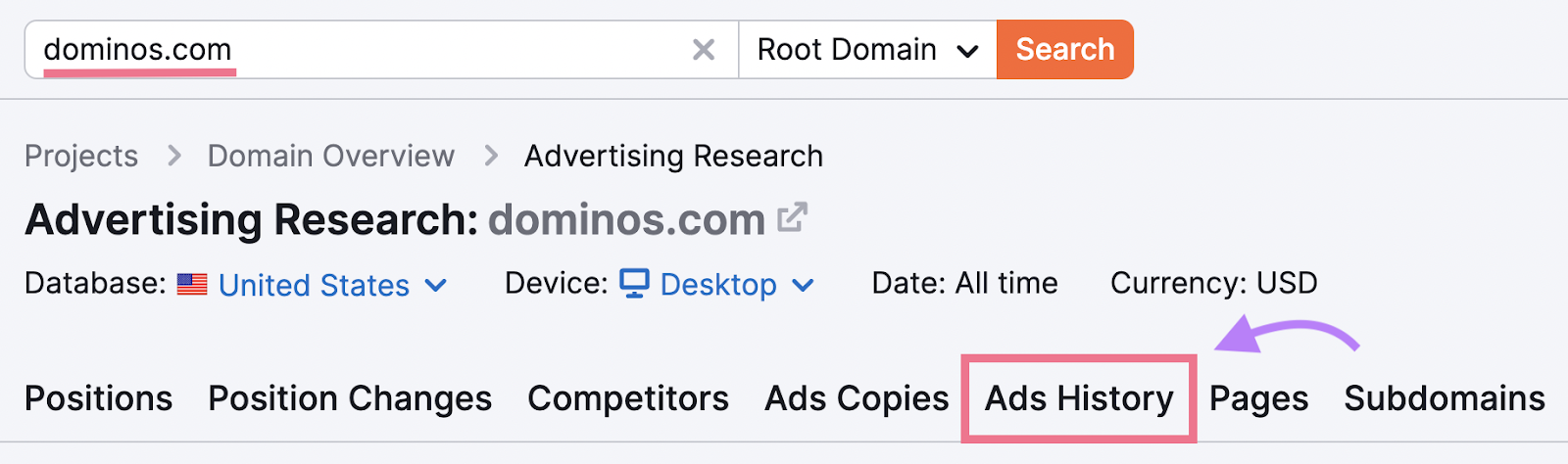 where to find “Ads History” tab in Advertising Research tool