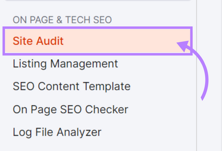 “Site Audit” highlighted in Semrush menu