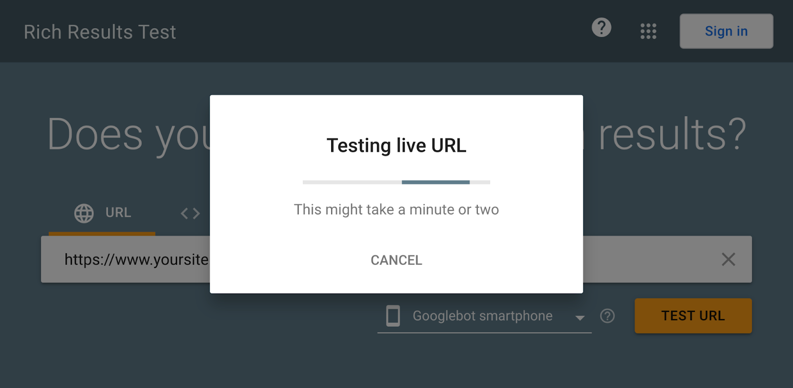 "Testing live URL" (in progress) page in Rich Results Test tool
