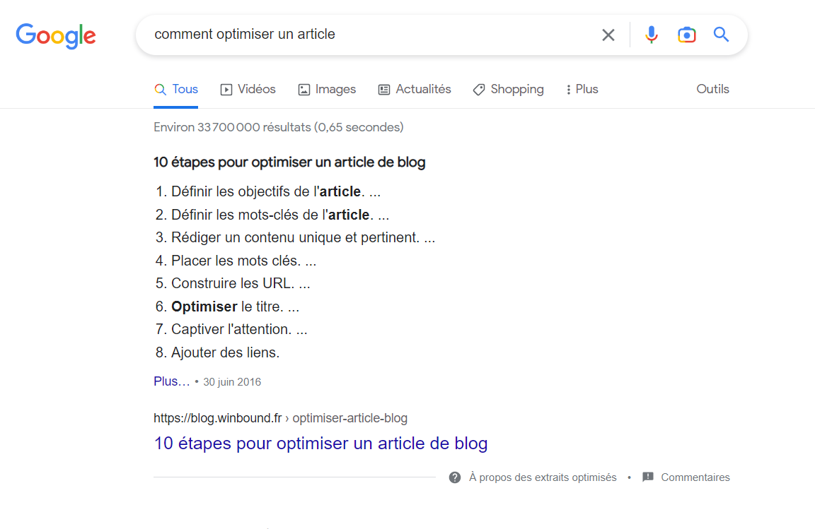 Exemple de featured snippet de liste ordonnée