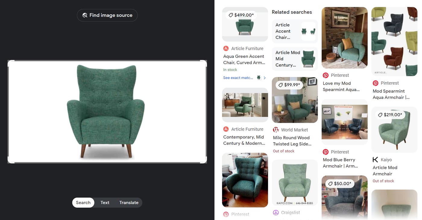 Visual search results for green armchairs show product listings