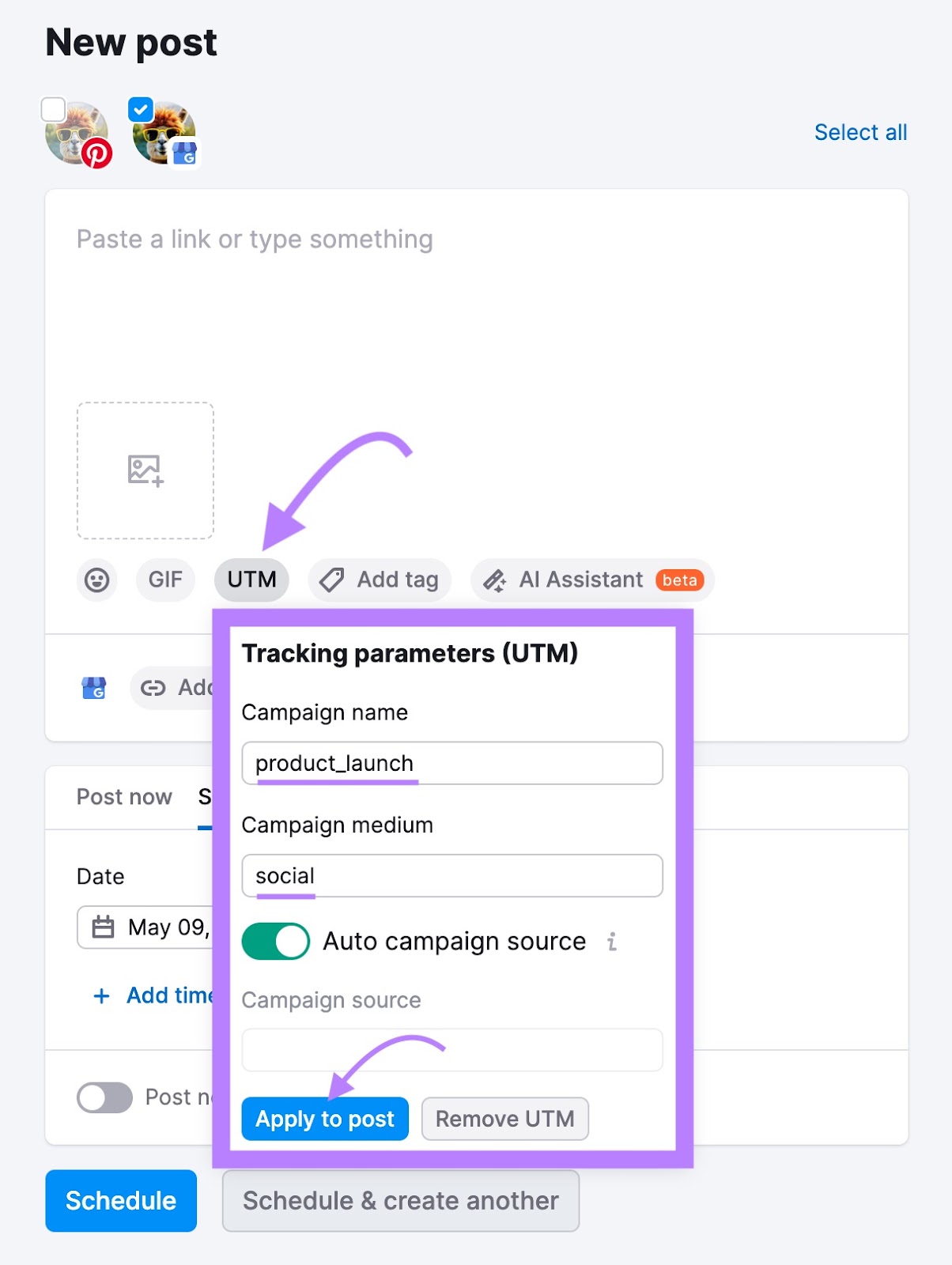 Adding a campaign name and medium to apply UTM parameters on Social Poster.