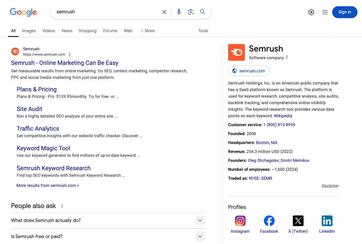 Semrush knowledge panel includes company information, social media profiles, and more