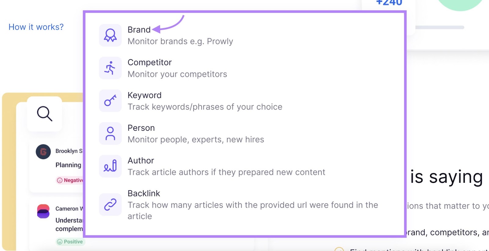 Options for 'Brand Monitoring ' tool including brand, competitor, keyword, person, author, and backlink etc. with 'Brand' selected.