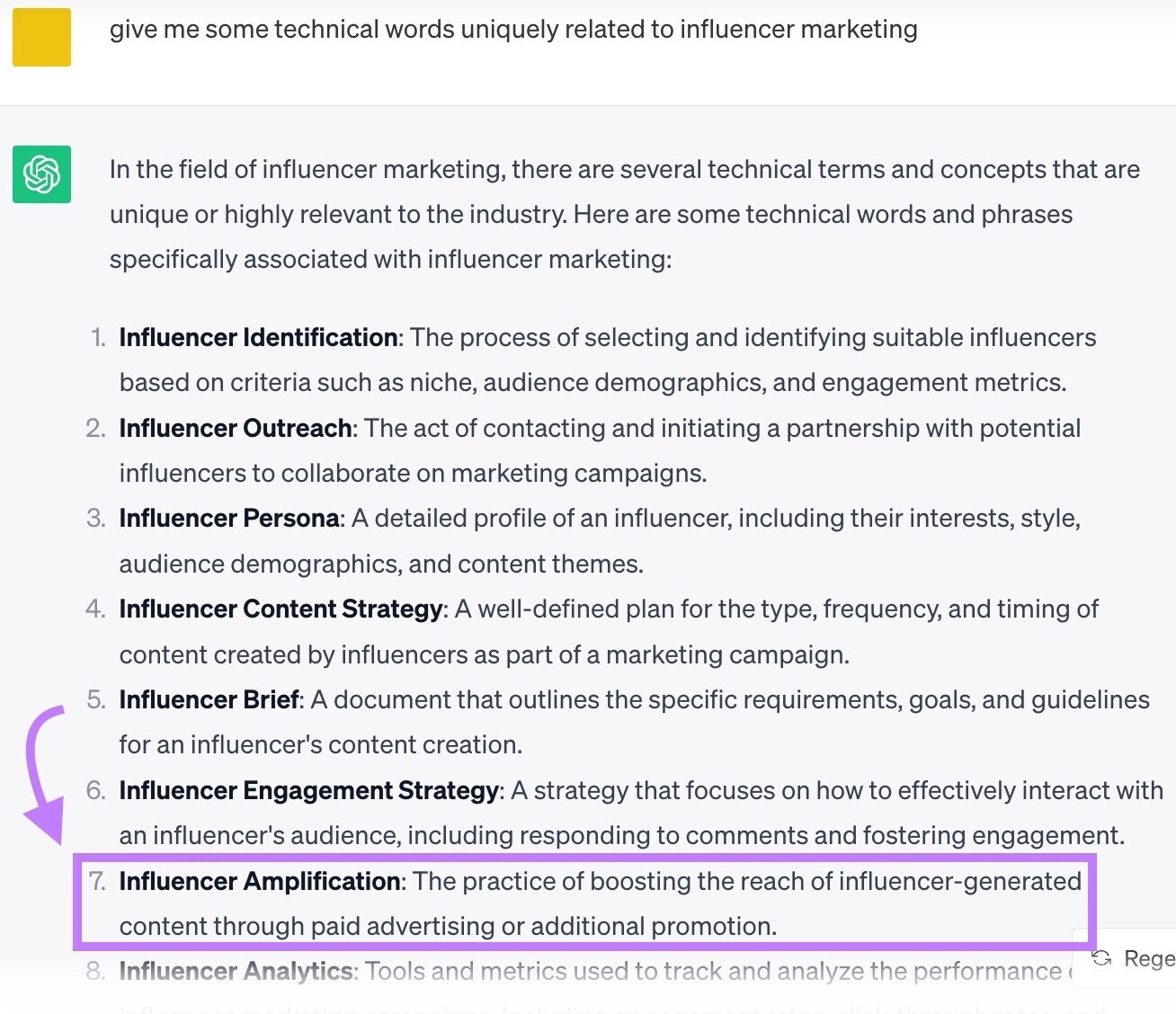 ChatGPT response to “Give me some technical words uniquely related to influencer marketing” prompt