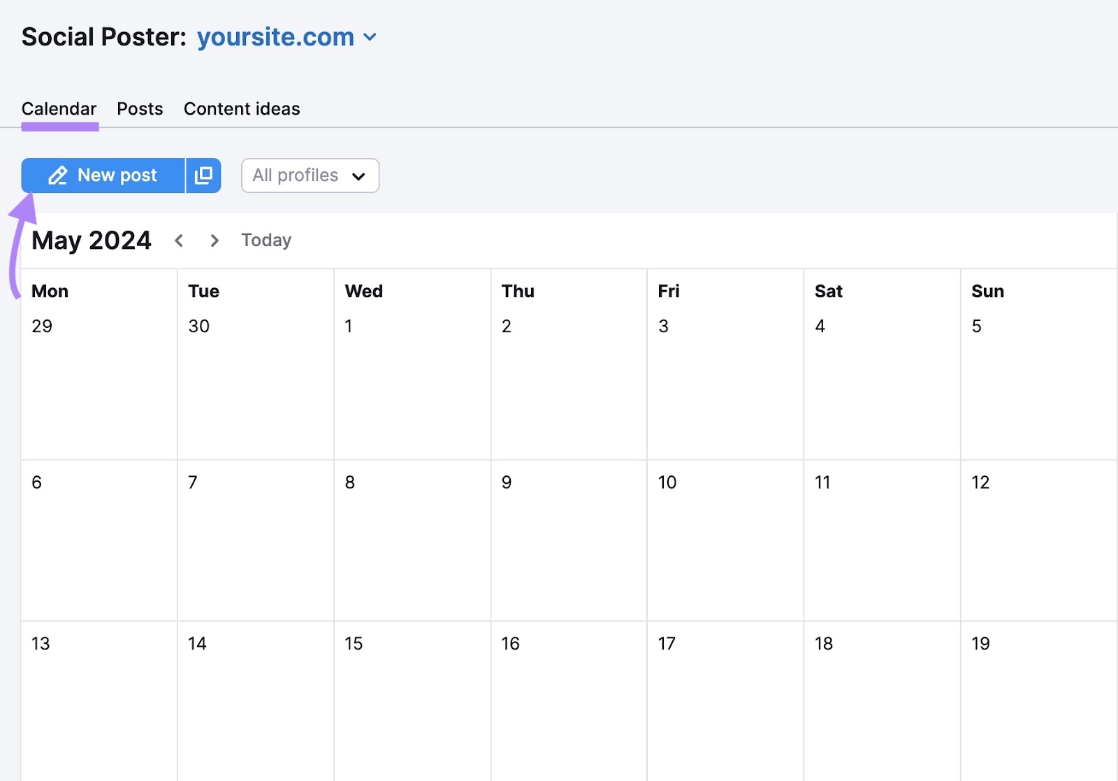 "Calendar" tab on "Social Poster" with the "New post" button clicked.