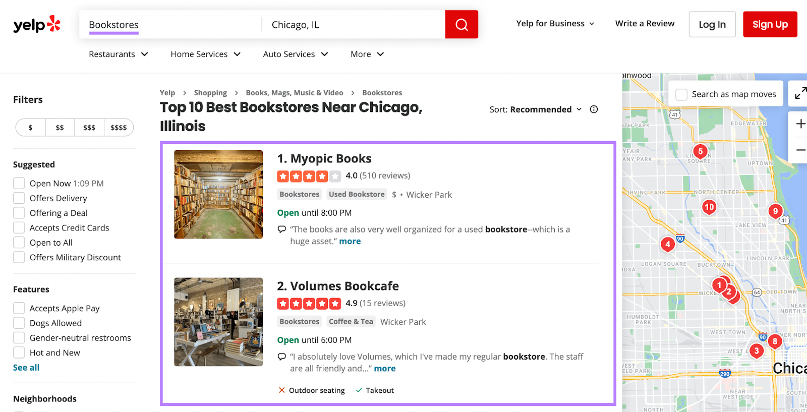 "Top 10 Best Bookstores Near Chicago, illinios" page on Yelp