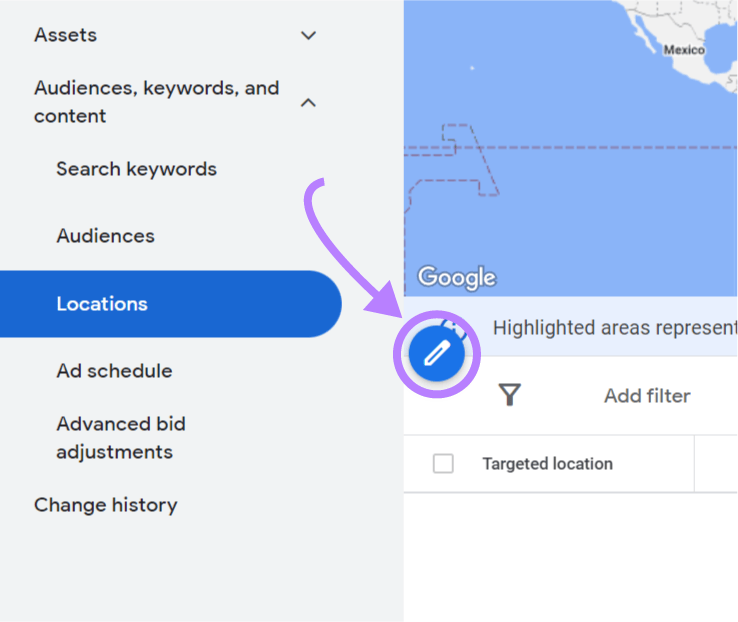 "Pencil" icon highlighted next to “Locations" section
