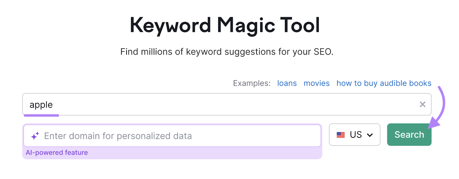 search for apple in keyword magic tool