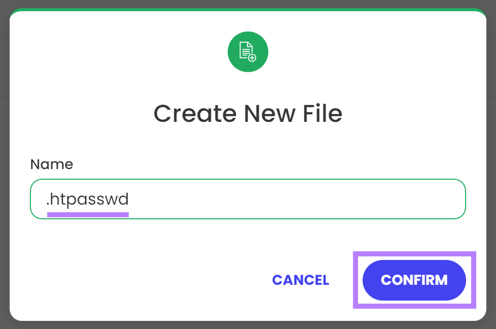 Web host interface showing ability to add a new file with the name ".htpasswd."