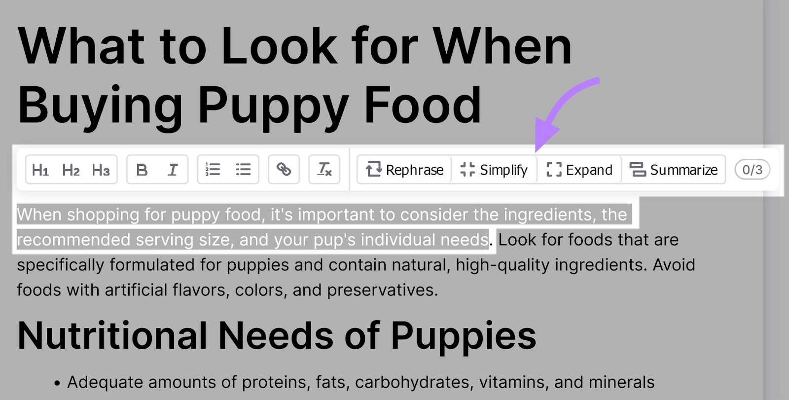 highlighting text shows “Rephrase,” “Simplify,” “Expand,” or “Summarize” options