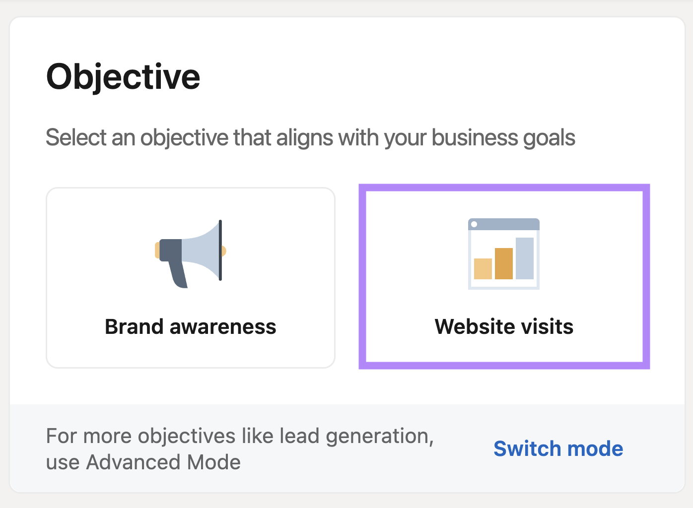 LinkedIn Ads setup with brand awareness and website visit options. Website visits selected