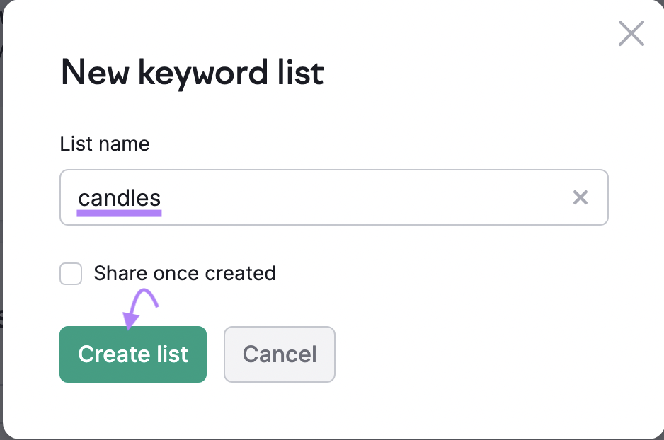 “New keyword list” screen