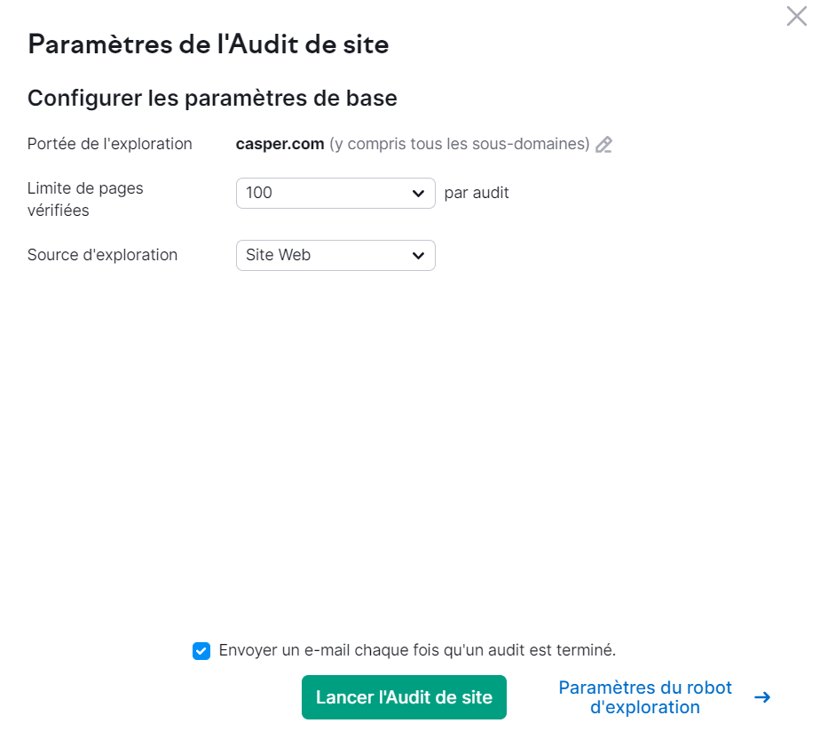 Audit de site, paramètres