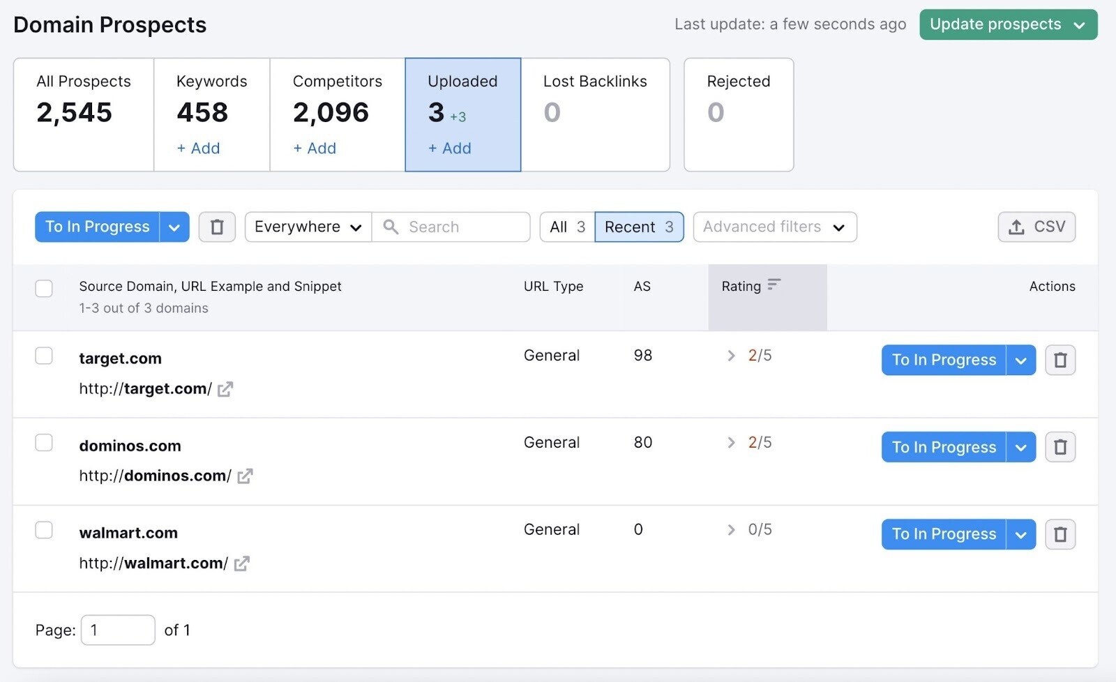 "Domain prospects" page in Link Building Tool