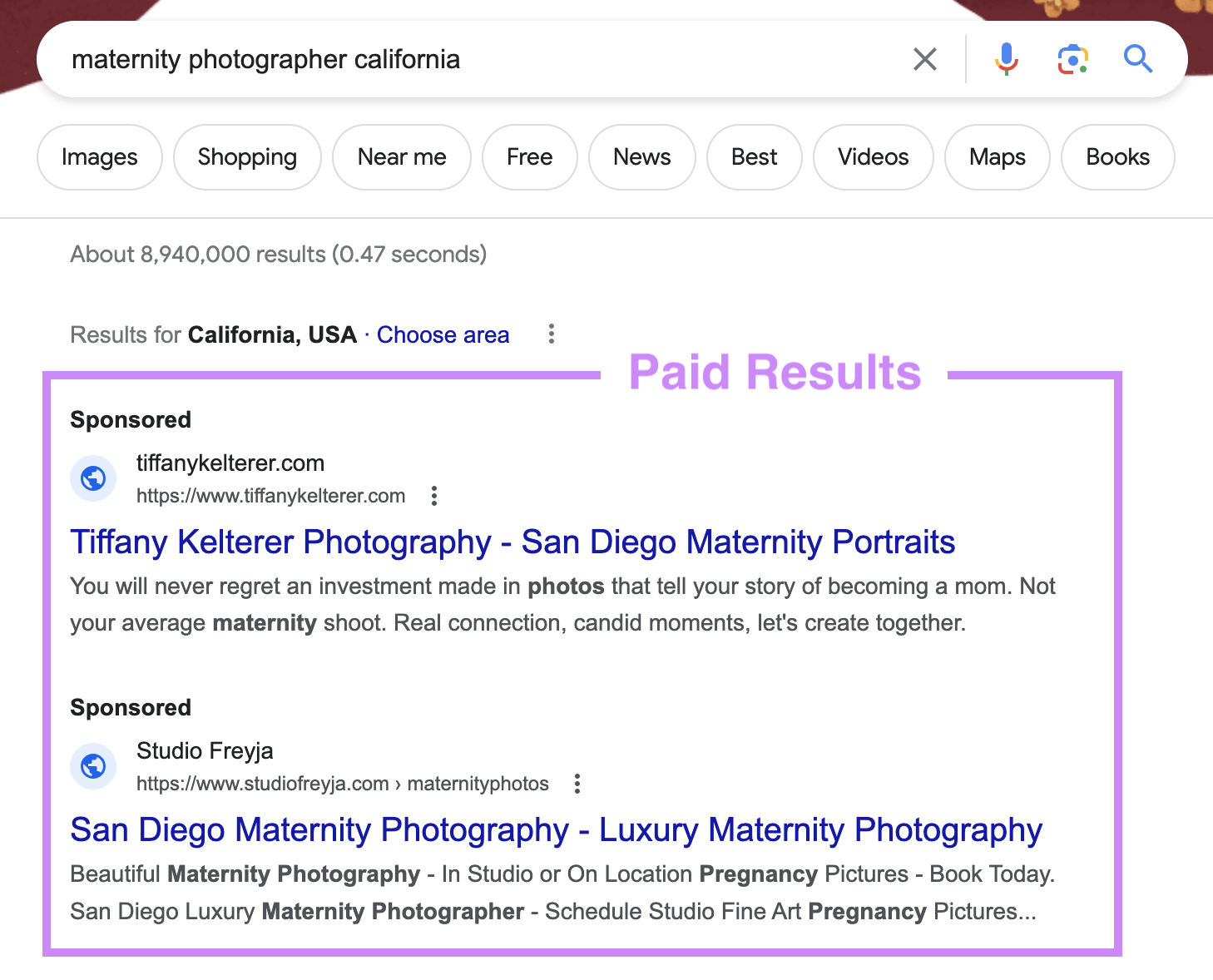 Paid results on Google for "maternity photographer california" query