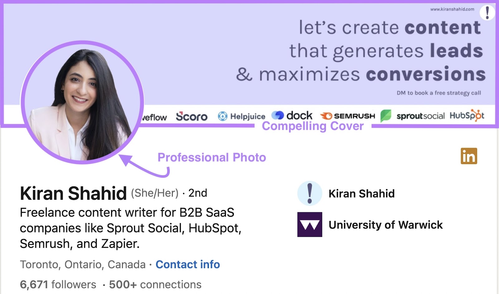 LinkedIn profile of Kiran Shahid highlighting the importance of a clear cover and professional photo