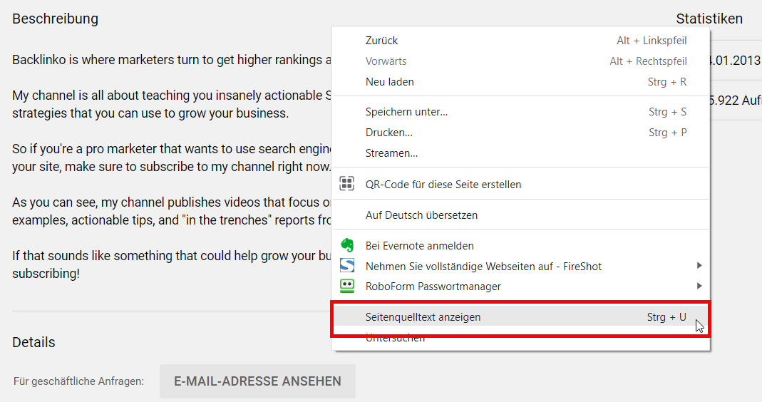 Screenshot: Seitenquelltext anzeigen