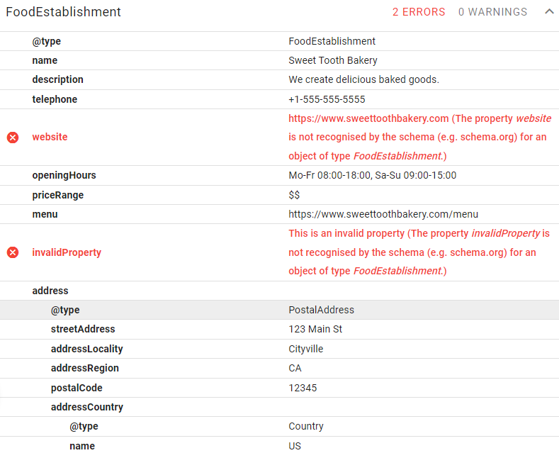 A list of errors in Schema Markup Validator