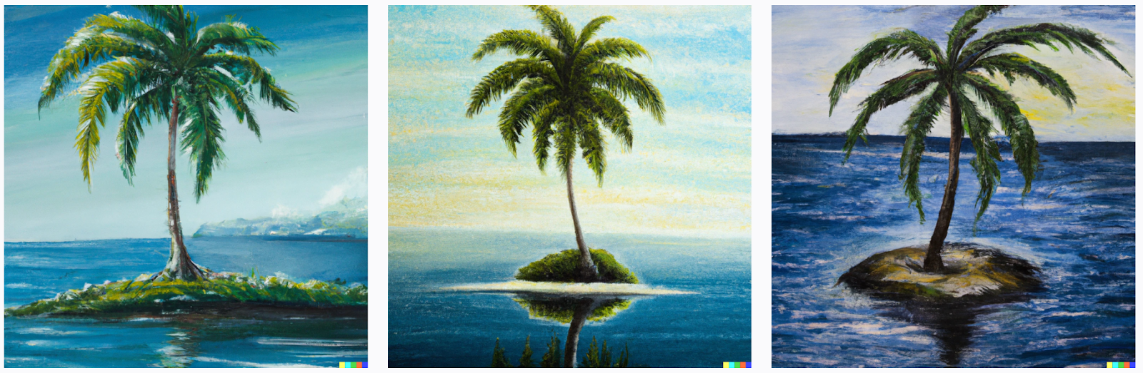DALL-E results for “An oil painting of a single coconut tree on an island surrounded by water” prompt