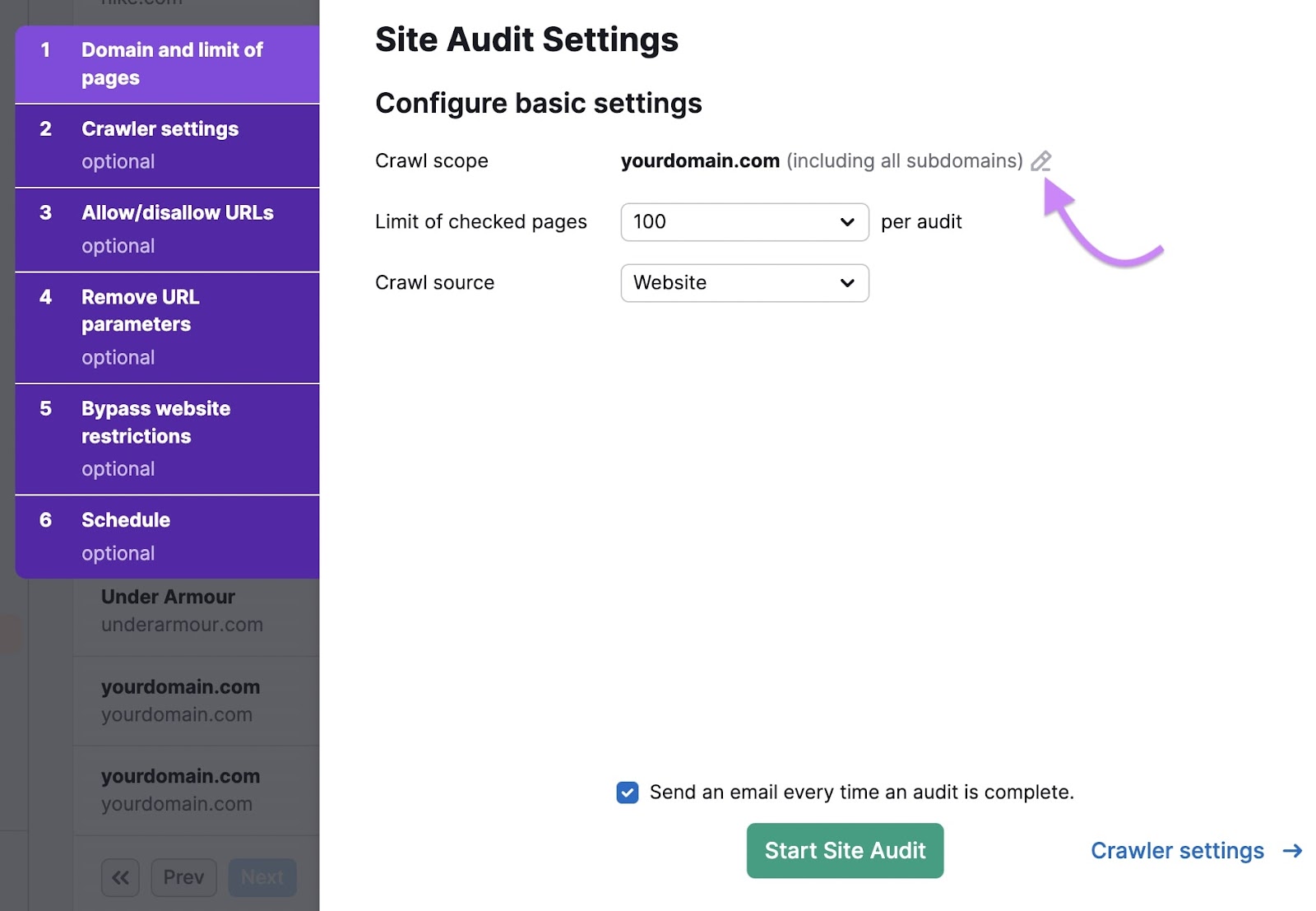 “Crawl scope” setting in Site Audit tool