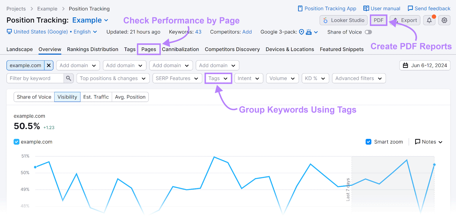 "Pages," "Tags" "PDF" buttons annotated successful  the Position Tracking tool