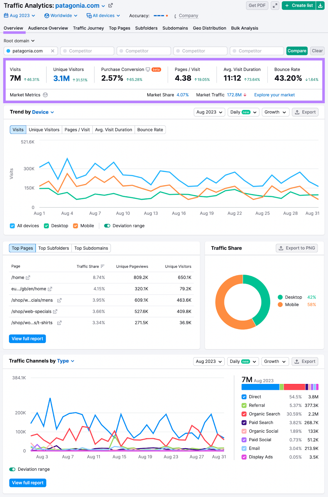 Traffic Analytics overview report for "patagonia.com"