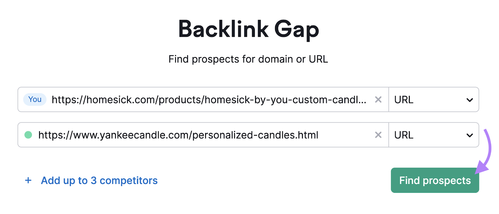 Search bars in the Backlink Gap tool