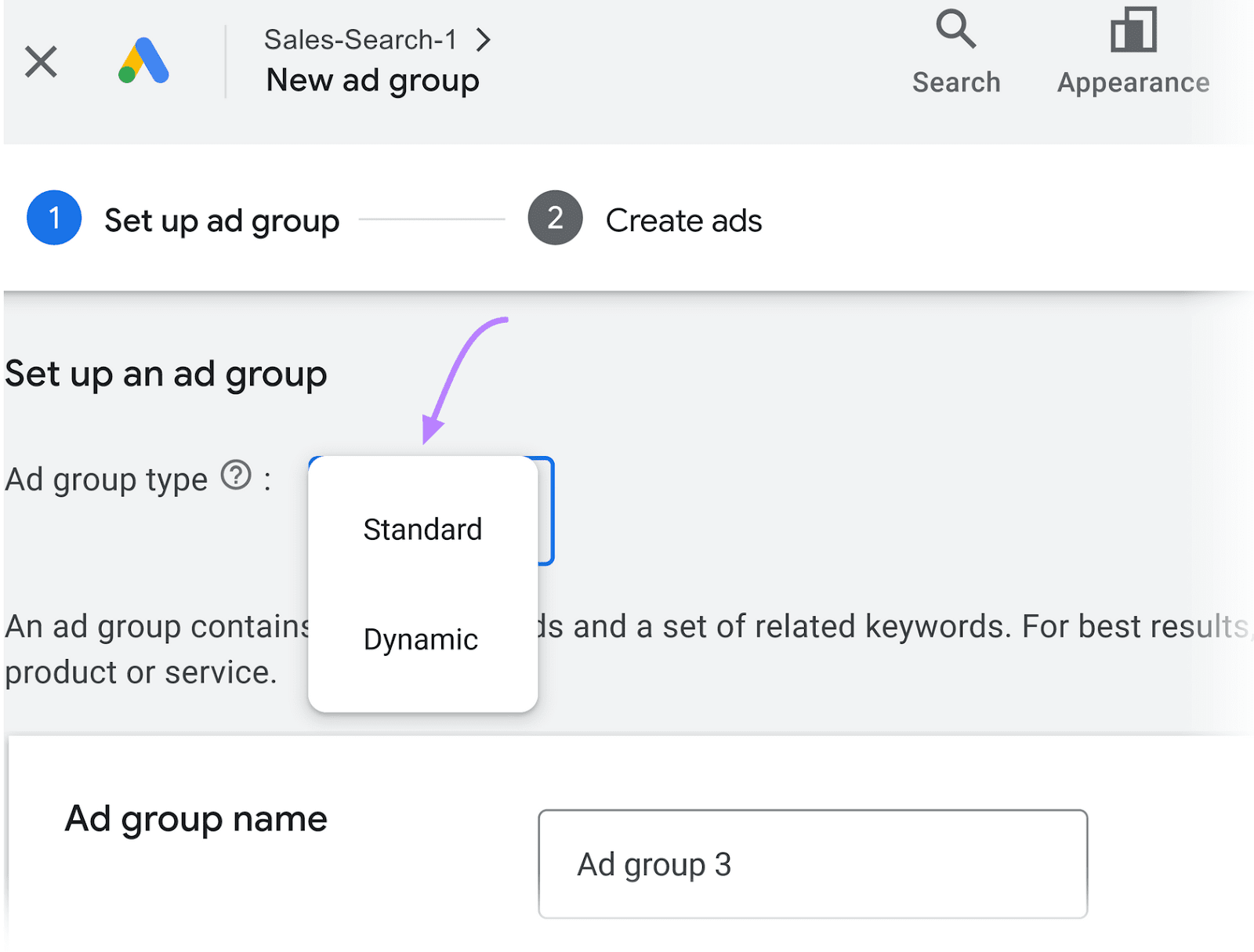 Google Ads showing the step to 'Set up an ad group' with options for selecting 'Standard' or 'Dynamic' ad group types.