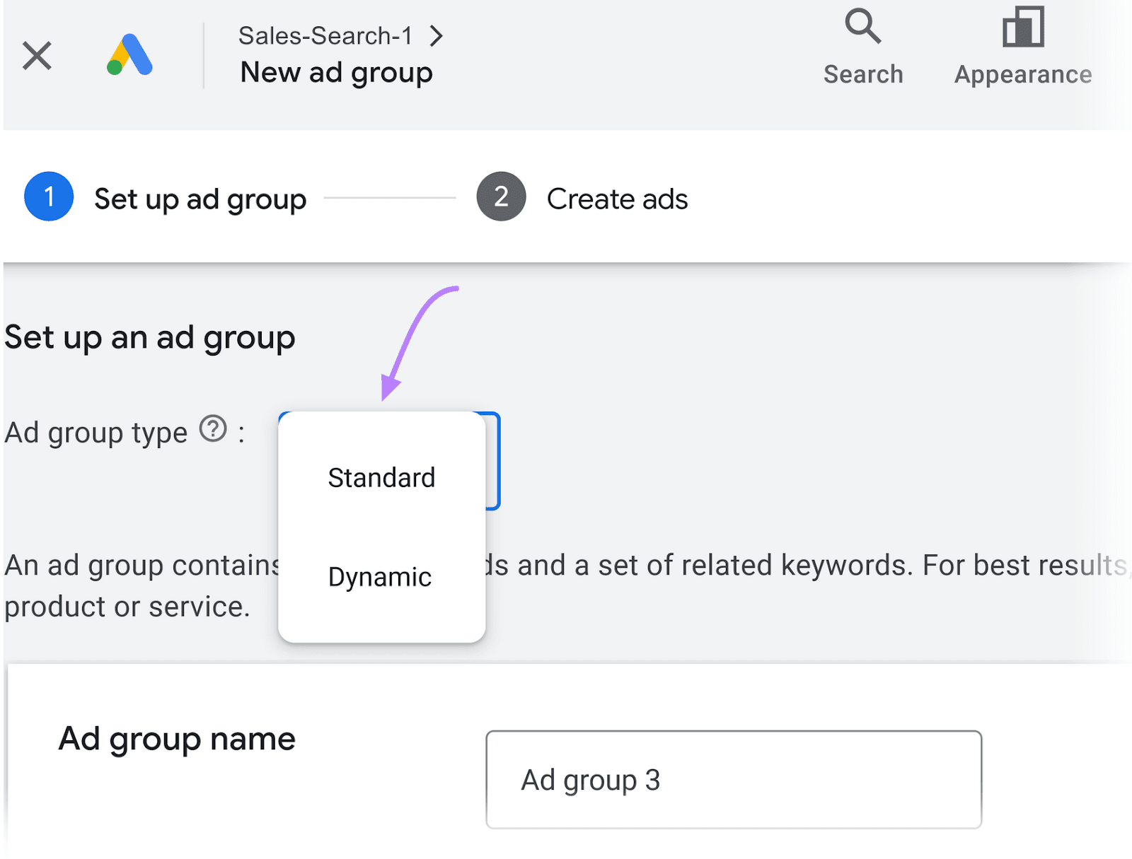 Google Ads showing the measurement   to 'Set up   an advertisement  group' with options for selecting 'Standard' oregon  'Dynamic' advertisement  radical  types.