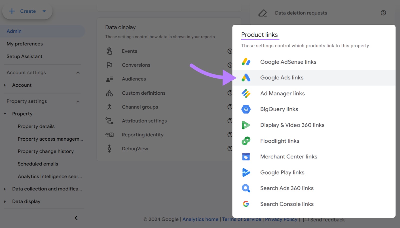 “Google Ads links" selected under "Product links" drop-down menu