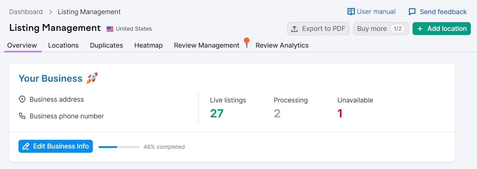 An "Overview" tab successful  Listing Management tool