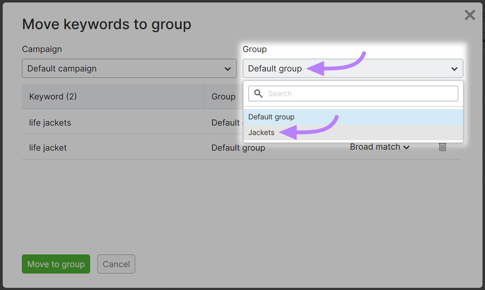 “Group” drop-down menu in the “Move keywords to group” dialogue box