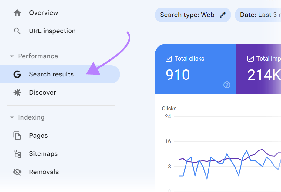 "Search results" selected under the "Performance" in GSC menu