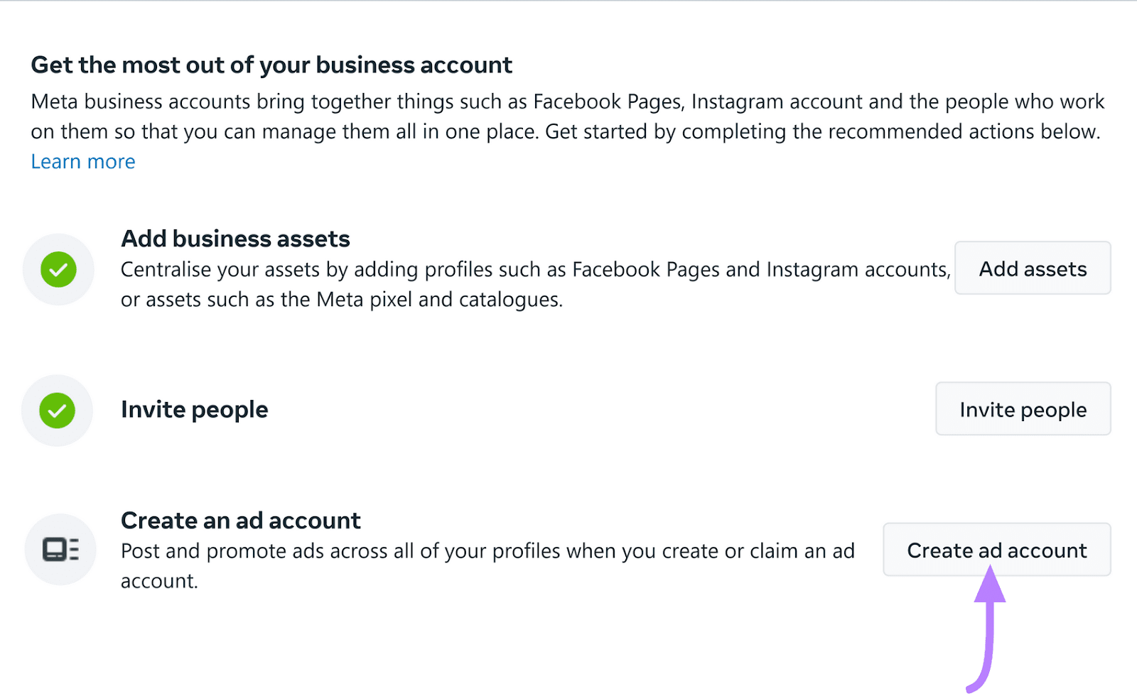 “Create ad account" selected from the Meta Business Manager dashboard