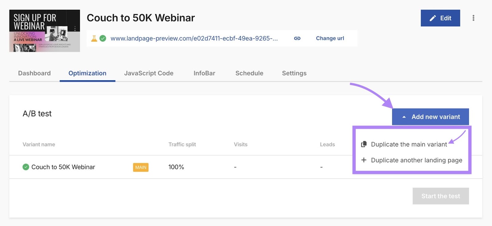 "Duplicate the main variant" selected from the "Add new variant" drop-down on the Optimization tab of the Landing Page Builder.