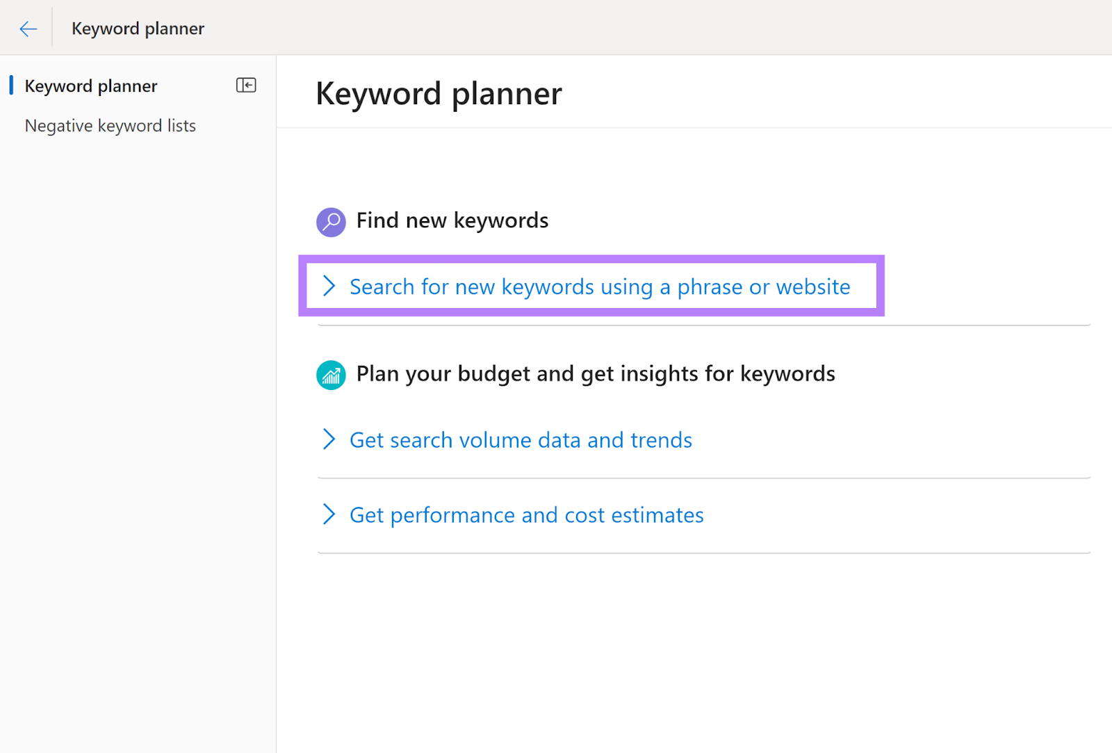 Keyword planner tool tab with Search for new keywords link highlighted.
