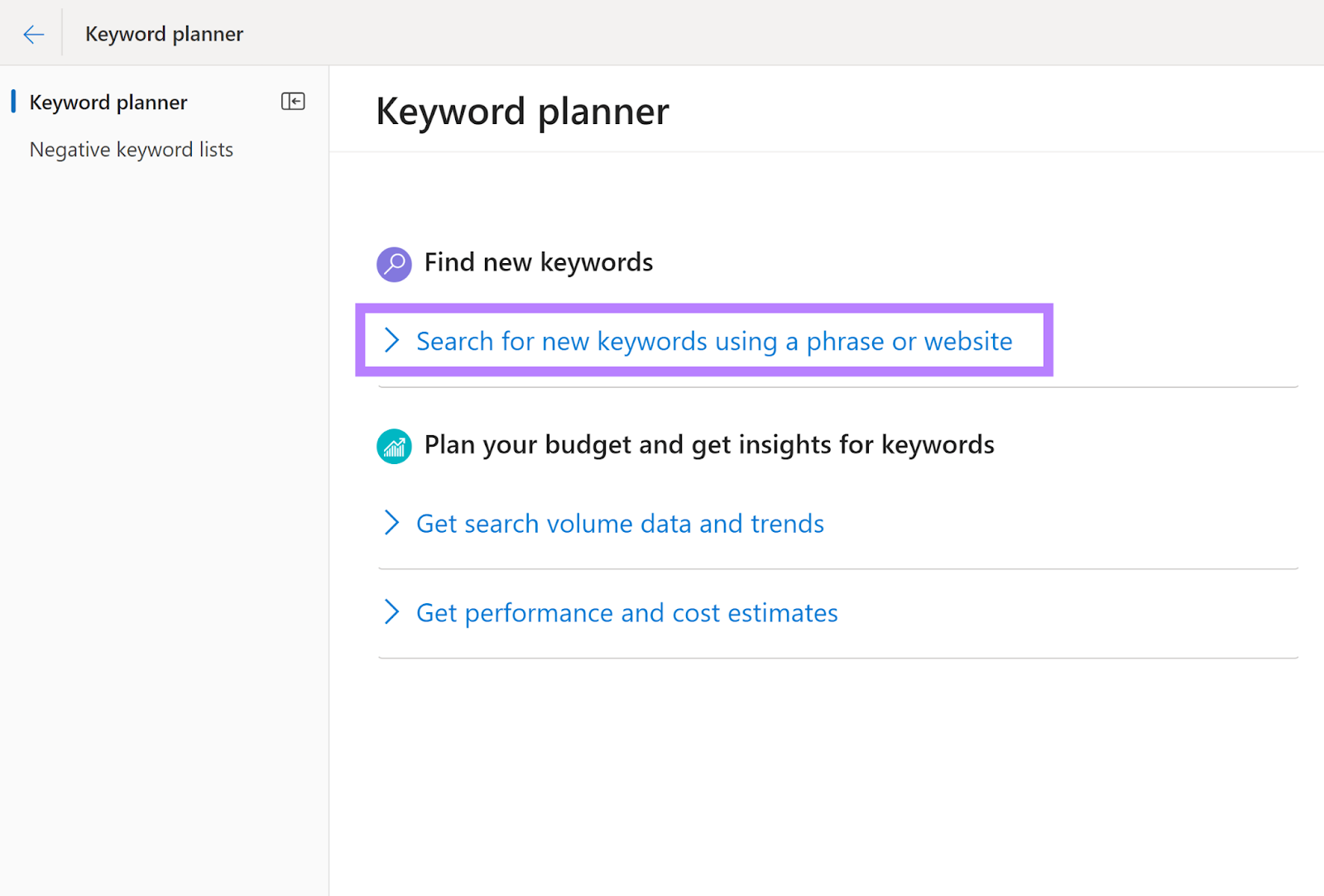 Keyword planner instrumentality   tab with Search for caller   keywords nexus  highlighted.